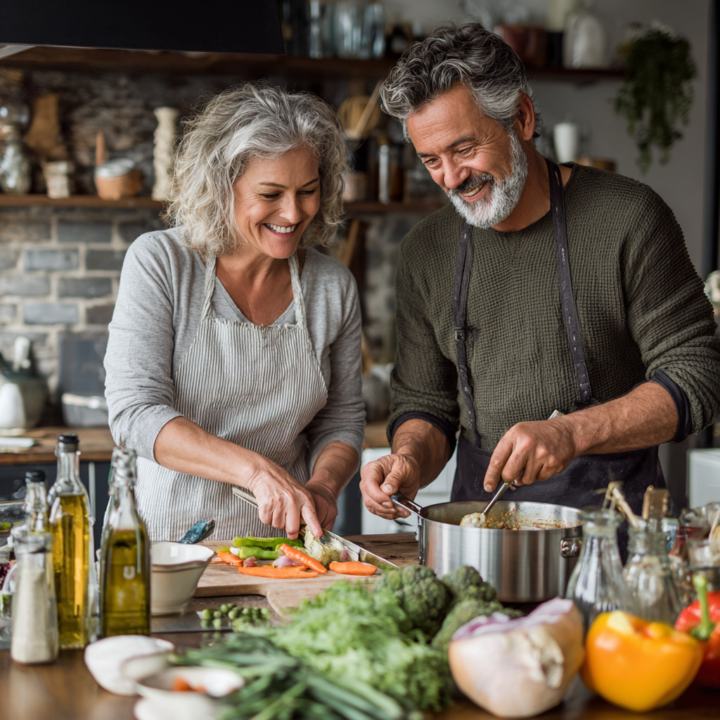 Happy mature couple cooking healthy meal together in modern kitchen