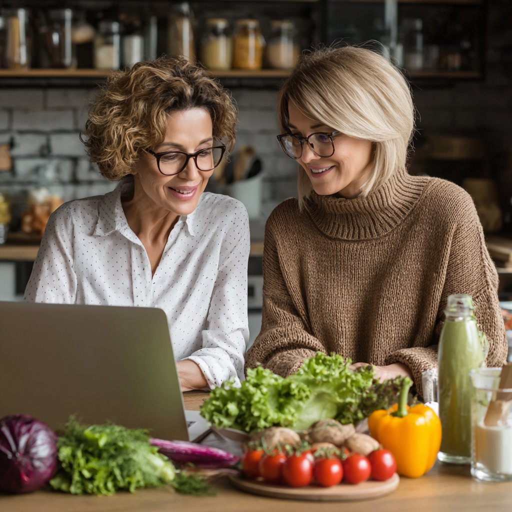 Professional nutritionist consulting with middle-aged woman about personalized meal planning